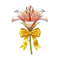 Fototapeta premium A single beautiful lily flower with intricate detail and vibrant petals, adorned with a delicate yellow ribbon, epitomizing elegance and floral artistry.