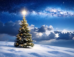 Snowy Christmas tree under a starry night sky