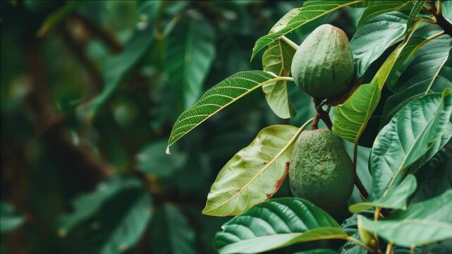 Nutritious macadamias growing on a tree in a lush forest.