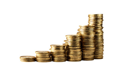 Gold Coins in Upward Growth Graph Shape Isolated on White Background