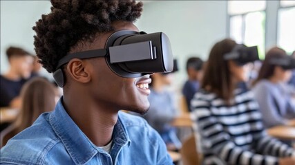 A student wearing a VR headset and smiling, showing the use of modern technology in classrooms. - Powered by Adobe