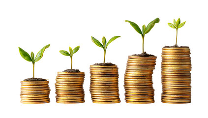 Gold Coins with Green Sprouts Growing in Three Rows Isolated on White Background