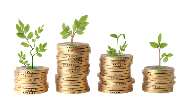 Gold Coins with Green Shoots Growing Concept of Economic and Environmental Growth - Powered by Adobe