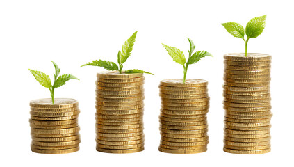 Gold Coins with Green Sprouts Growing in Three Rows Isolated on White Background