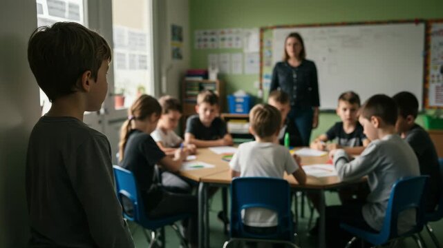 Student left out during activity, sad boy standing alone near classroom door while classmates work together, school bullying and inclusion awareness