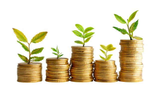 Golden Coins with Green Sprouts Growing in Rows Symbolizing Money Investment Growth - Powered by Adobe