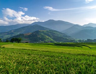 Lush rice paddies stretch to rolling green mountains under a partly cloudy sky