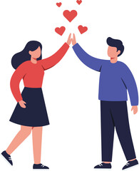 Obraz premium Couple giving high five with red hearts above celebrating love and connection in simple flat style vector illustration 