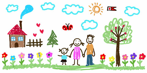 Fototapeta premium Childrens drawing of a happy family in front of a house with a tree and flowers
