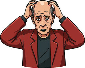 Obraz premium Worried bald elderly man with red jacket holding his head in stress and anxiety vector illustration 