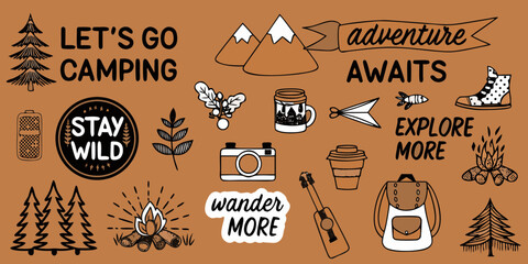 Hand drawn camping and adventure icons with inspirational quotes for outdoor enthusiasts