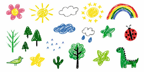 Collection of hand drawn childlike illustrations of nature elements and animals on white background