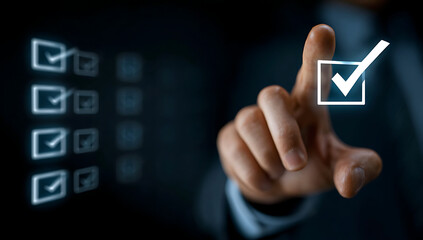 Businessman Hand Selecting Check Box on Digital Virtual Screen