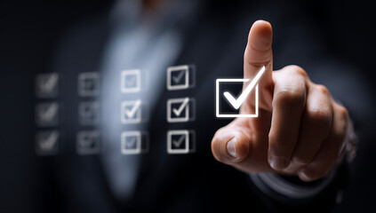 Businessman Hand Pointing to Success Check Box Symbol Isolated on White