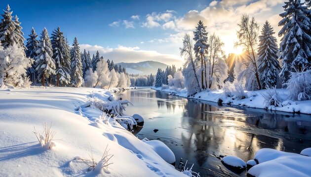 Winter wonderland scene of a snow-covered river flowing through a forest