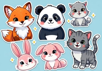 Collection of cute cartoon animal stickers including a fox, panda, cat, bunny, and kitten, perfect for childrens designs and decorations