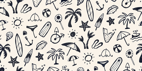 Fototapeta premium Hand drawn black and white summer beach vacation icons pattern on cream background