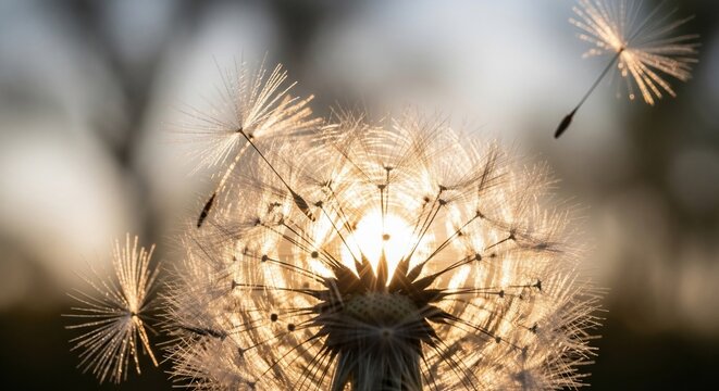 Whispering Wishes: A close-up captures a delicate dandelion seed head, its fragile seeds taking flight against a blurred background, evoking dreams, freedom, and the transient beauty of nature.