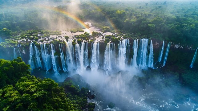 Wide Aerial Panorama of a Grand Waterfall and Forest Landscape