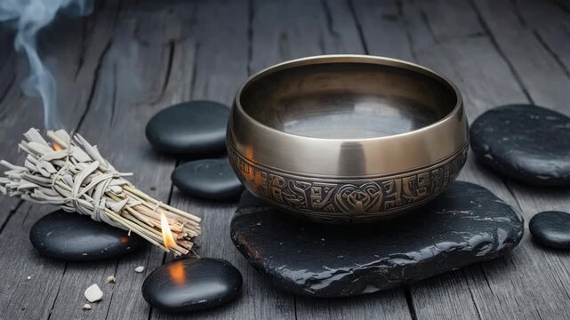 A traditional Chinese incense burner filled with burning incense, surrounded by black rocks. This ritual is often used in meditation and spiritual ceremonies to invoke the gods and spirits.