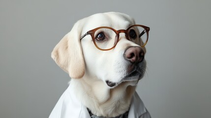 A white dog dressed in medical clothing and glasses offers a charming and lighthearted approach to pet healthcare indoors