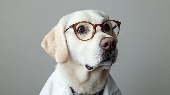 A white dog dressed in medical clothing and glasses offers a charming and lighthearted approach to pet healthcare indoors