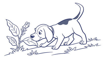 Beagle Puppy Sniffing Leaf in Nature Illustration, Playful Outdoor Scene, Blue Line Design