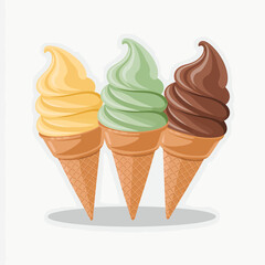 Three soft serve ice cream cones with yellow green and chocolate flavors