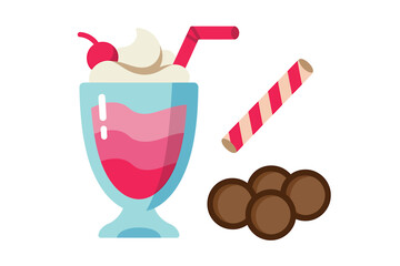 Delicious pink milkshake with cherry topping candy cane and cookies sweet treat for your design needs