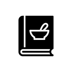 Minimalist black and white icon of a mortar and pestle on a book symbolizing pharmacy or medicine