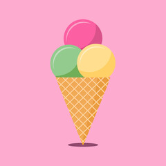 Delightful trio of ice cream cones with strawberry green and vanilla flavors on a pink background