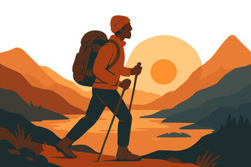 A solo backpacker hikes through Norwegian mountains at sunset, embracing an active outdoor lifestyle and adventurous travel