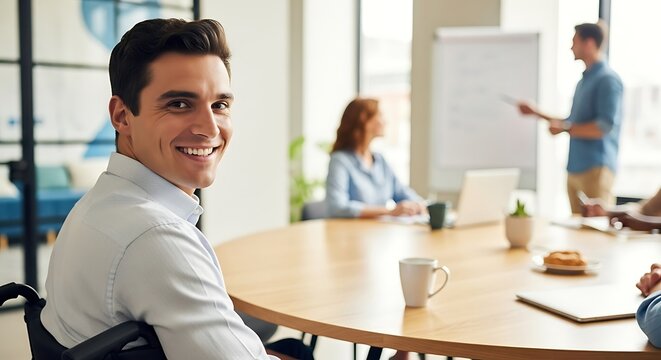 Successful businessman in wheelchair leads diverse team meeting, promoting inclusion and collaboration in modern office environment
