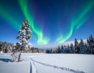 Winter wonderland with aurora borealis