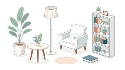 Fototapeta premium Minimal Household Items Game Asset Pack on White Background lamp, chair, table, sofa, plant pot, bookshelf – clean flat design, soft shadows