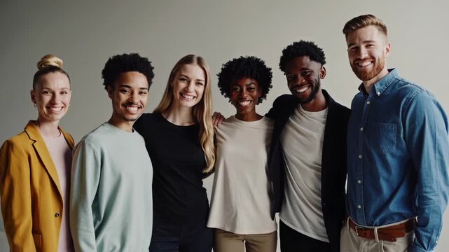 Professional multicultural team standing united, radiating confidence and warmth during collaborative group portrait showcasing workplace diversity and team spirit