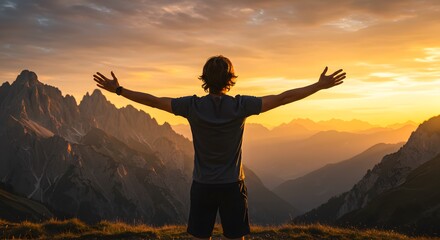 a man viewed from behind, standing atop a mountain with his arms wide open, embracing a magnificent sunset