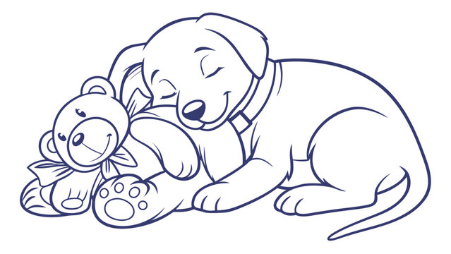 Illustration of a Cute Puppy Sleeping with a Teddy Bear in a Cozy Environment
