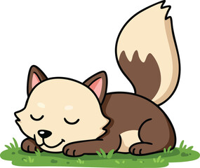 Obraz premium Sleeping brown and cream dog lying peacefully on green grass in cute cartoon style vector illustration 