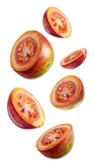 Several ripe red and yellow tomatoes and slices isolated on transparent background