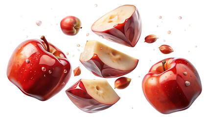 Fresh red apples and slices with water droplets, isolated on transparent background
