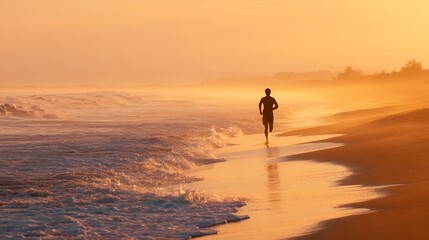 Beach running at sunrise: fitness and wellness concept for healthy lifestyle and morning exercise routine