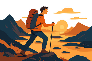 A solo backpacking man hikes the Norwegian mountains, exploring outdoor climbing adventures, embracing a healthy lifestyle during summer vacations, touring islands and sea landscapes while enjoying