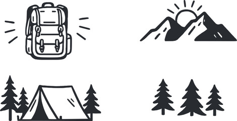 A set of written phrases, slogans, or quotes adorned with travel and adventure motifs—backpacks, mountains, camping tents, forest trees—presented as a creative black‑and‑white vector illustration