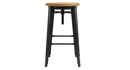 Metal and Wood Bar Stool stands in front-facing view against black background. Illustrates furniture, interiors, design, architecture.