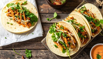 Deliciously prepared tacos filled with savory ingredients, garnished with fresh herbs and served on a rustic wooden surface with dipping sauces.