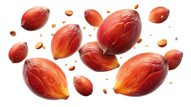 A collection of fresh red palm nuts and seeds isolated on transparent background, captured in a dynamic, highspeed studio shot with a transparent background