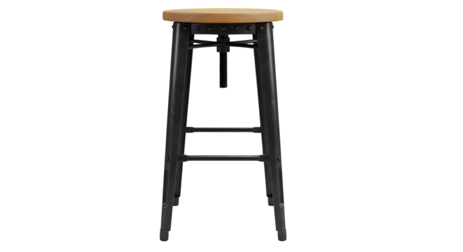 Metal and Wood Bar Stool stands in front-facing view against black background. Illustrates furniture, interiors, design, architecture.