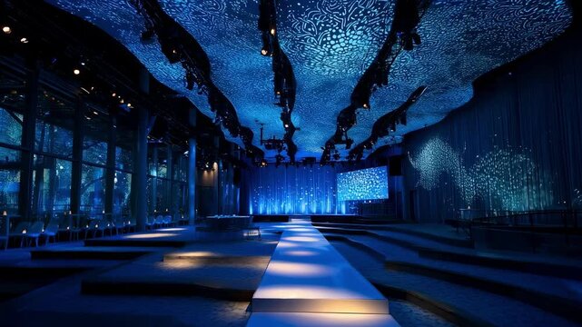 Eventspecific projection mapping showcases intricate patterns and branding elements on a modern venue synchronizing with live performances.