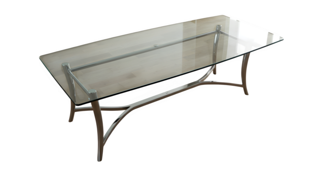 Clear glass top table with chrome legs reflects light. Ideal for product staging, catalog photography, or showcasing furniture designs in a modern setting.